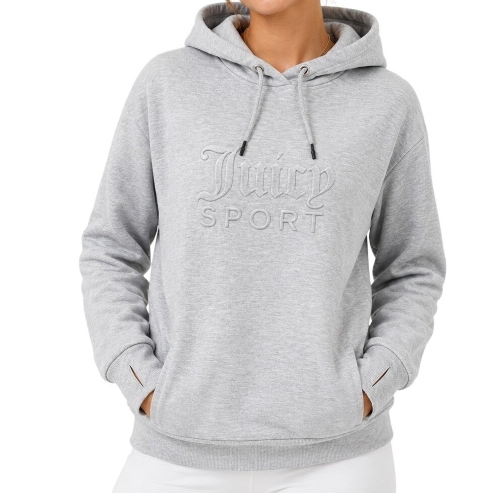 Juicy Couture Sport Y2K Hoodie Womens Small Gray Embossed Logo Thumbhole Workout